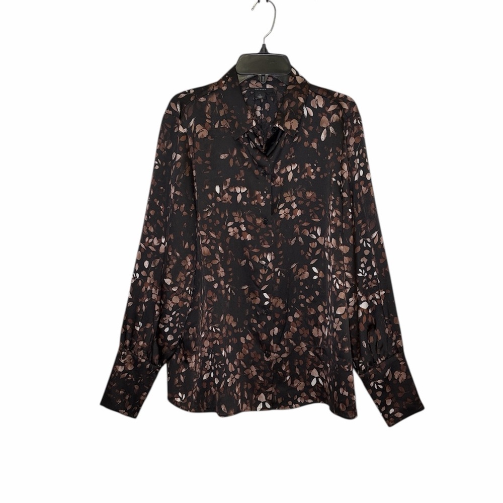 HALOGEN WOMENS BROWN BLACK FLORAL LEAF LONG SLEEVE BUTTON DOWN TOP SIZE MEDIUM